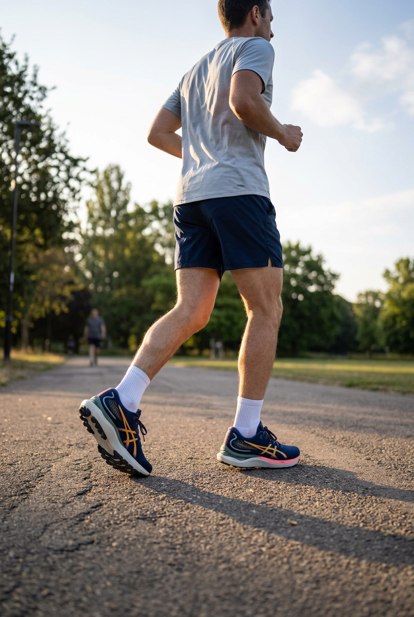 Homme en tenue de course portant les ASICS en extérieur, illustration générée