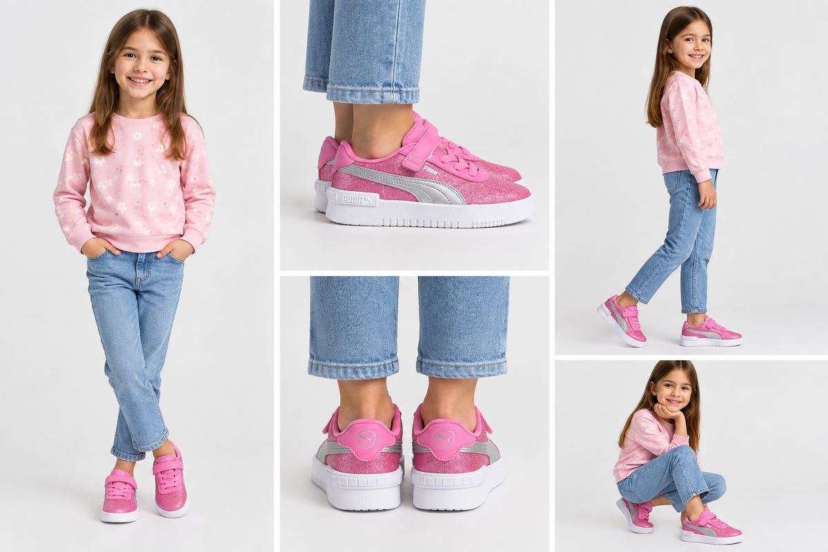 Montage généré de baskets Puma roses portées par une enfant en cinq vues