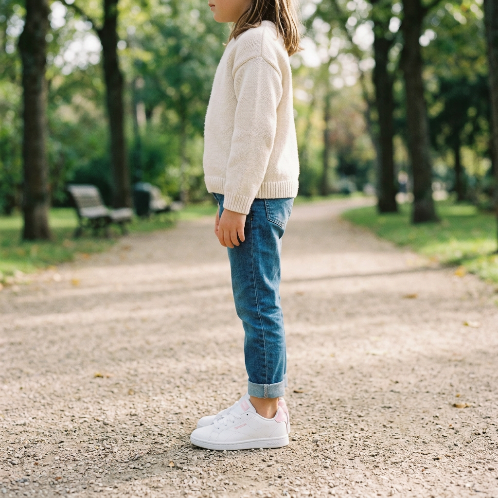 Illustration générée d’une fille d’environ 7 ans vue de profil portant les Reebok enfant blanc et rose