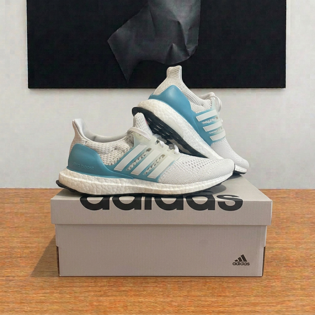 Adidas Ultraboost 1.0 blanches et turquoise sur boîte grise centrée, photo retouchée