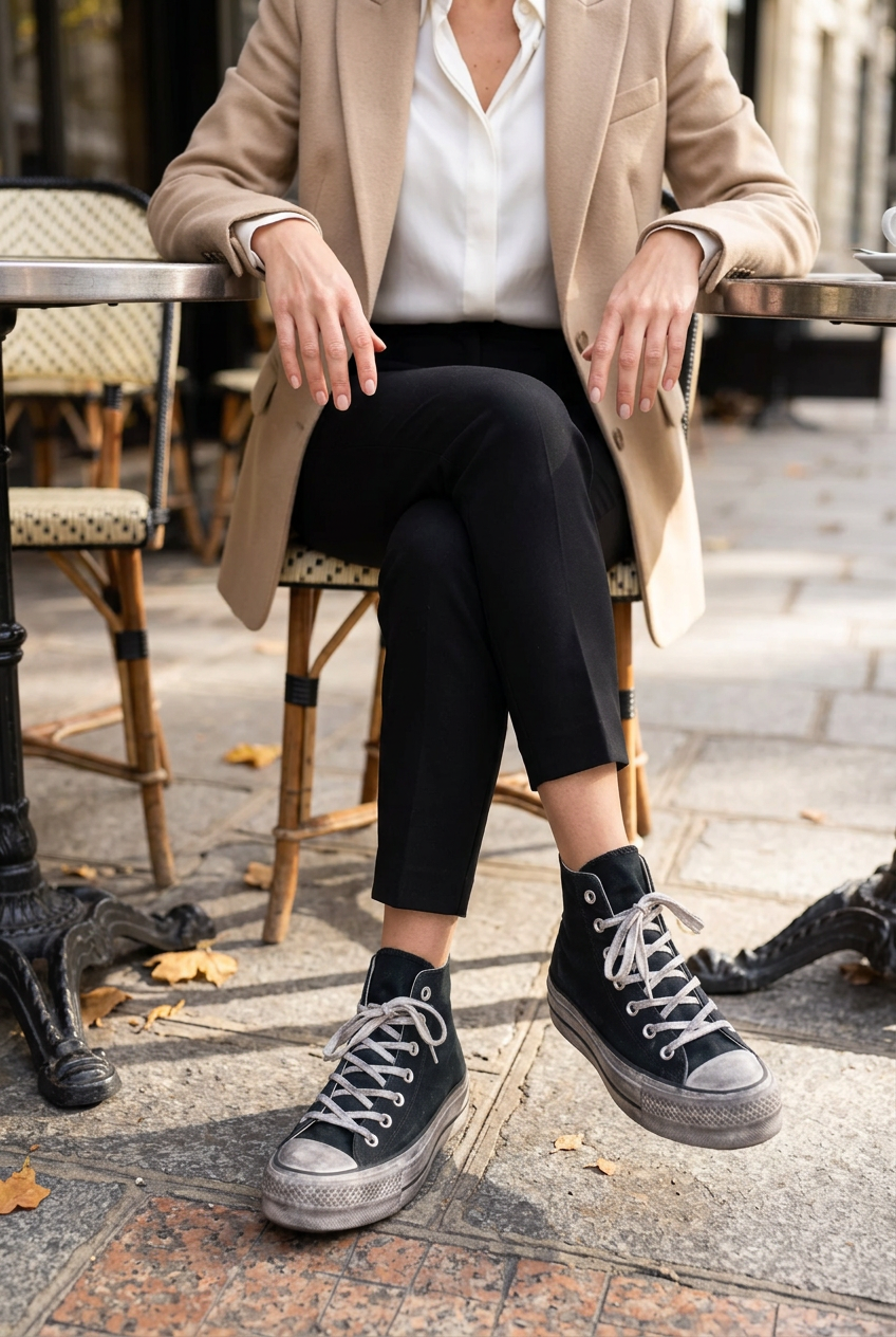 Femme assise en blazer et pantalon habillé portant les Converse, illustration générée
