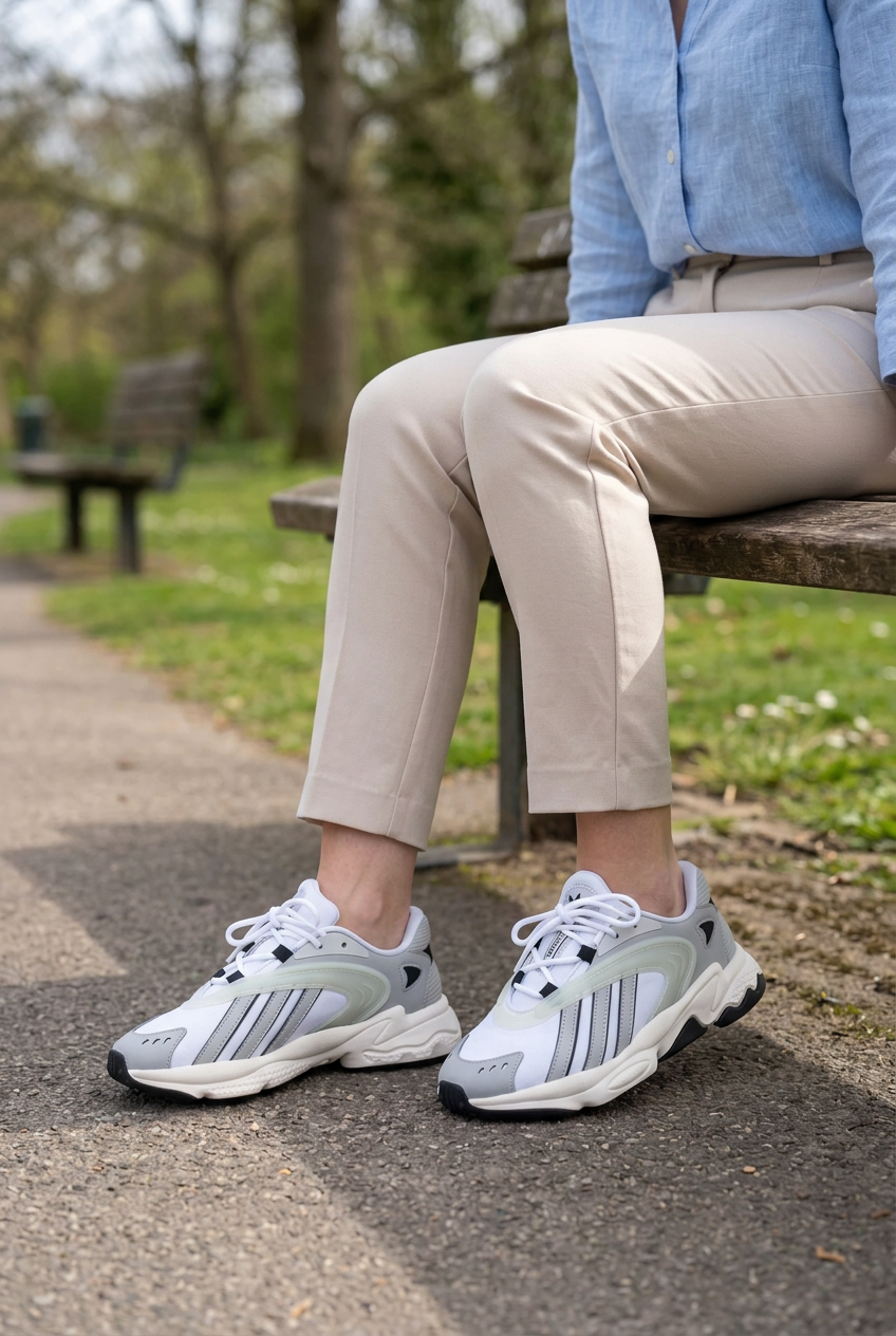 Femme adulte assise portant les Adidas Oztral W, illustration générée