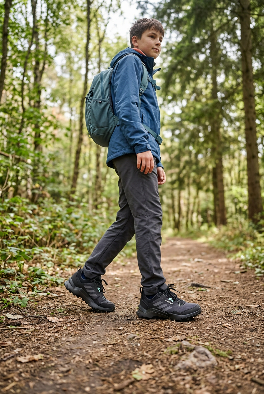 Adolescent portant les Terrex sur un sentier forestier, illustration générée