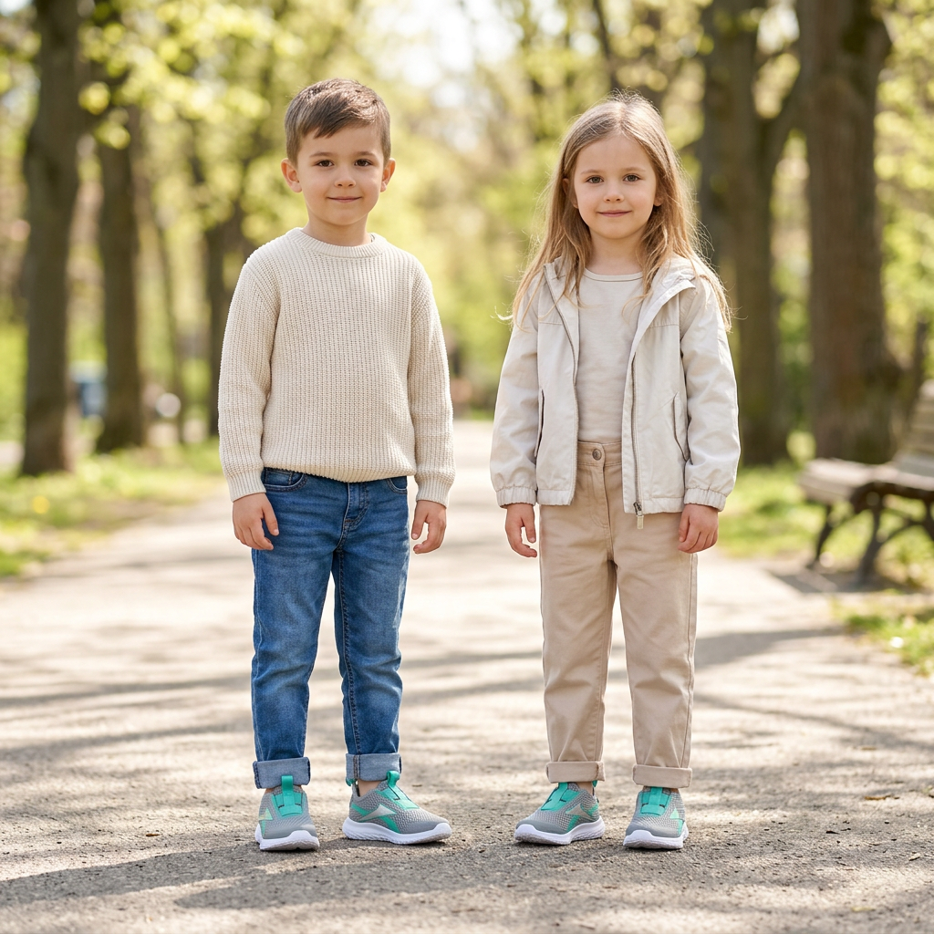 Illustration générée d’un garçon et d’une fille de 3 à 5 ans portant les Reebok gris vert