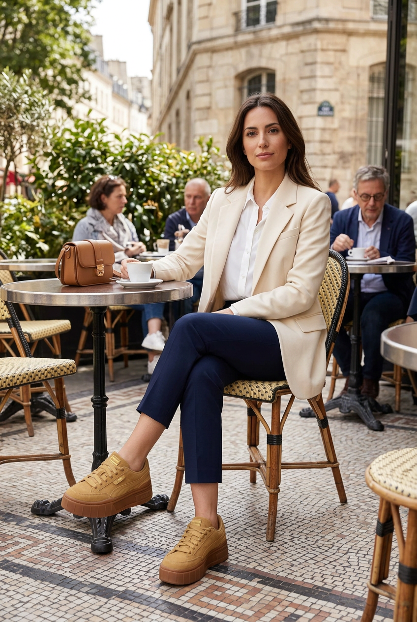 Femme assise en tenue classique portant les Puma Mayze, illustration générée
