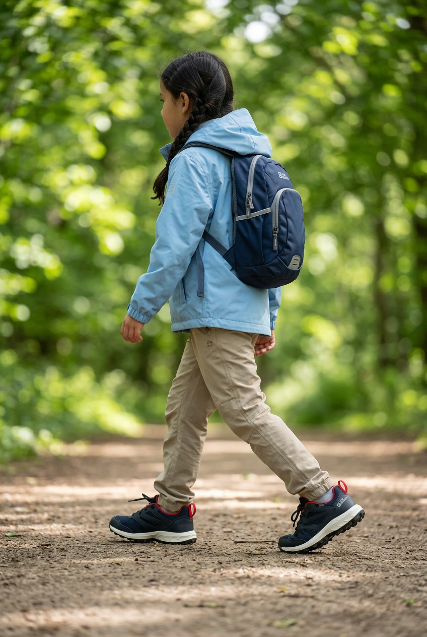 Fille de 8 à 12 ans en extérieur portant les Jack Wolfskin, visuel généré