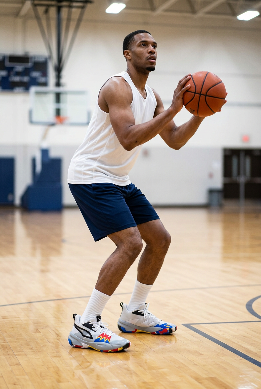Basketteur sur parquet portant les Puma Genetics, illustration générée