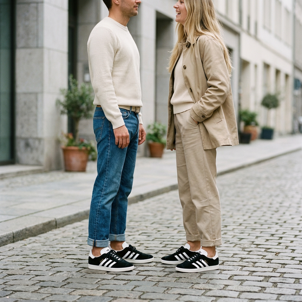 Illustration générée d’un homme et d’une femme adultes de profil portant les Adidas Gazelle