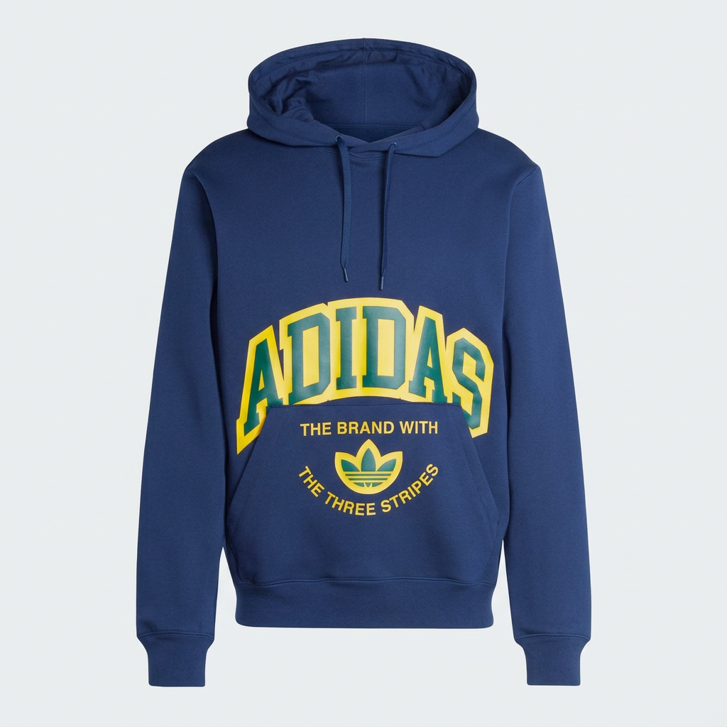 Sweat à capuche Adidas VRCT bleu marine avec motif vert et jaune sur fond clair, visuel généré