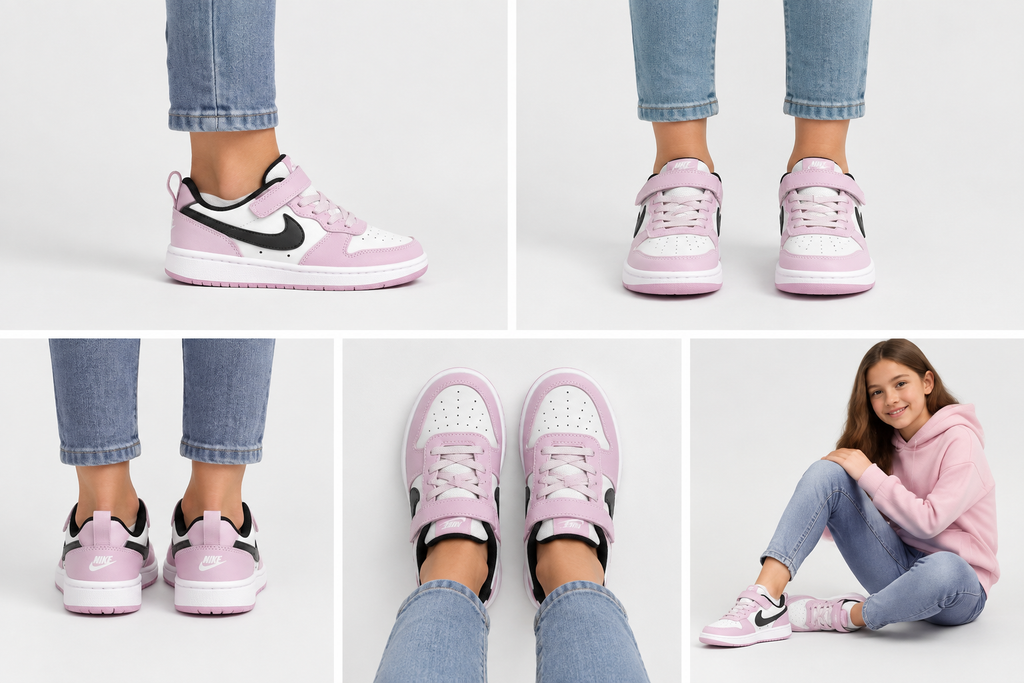Montage généré des Nike Court Borough Low 2 portées par une fille de 8 à 14 ans sous cinq angles