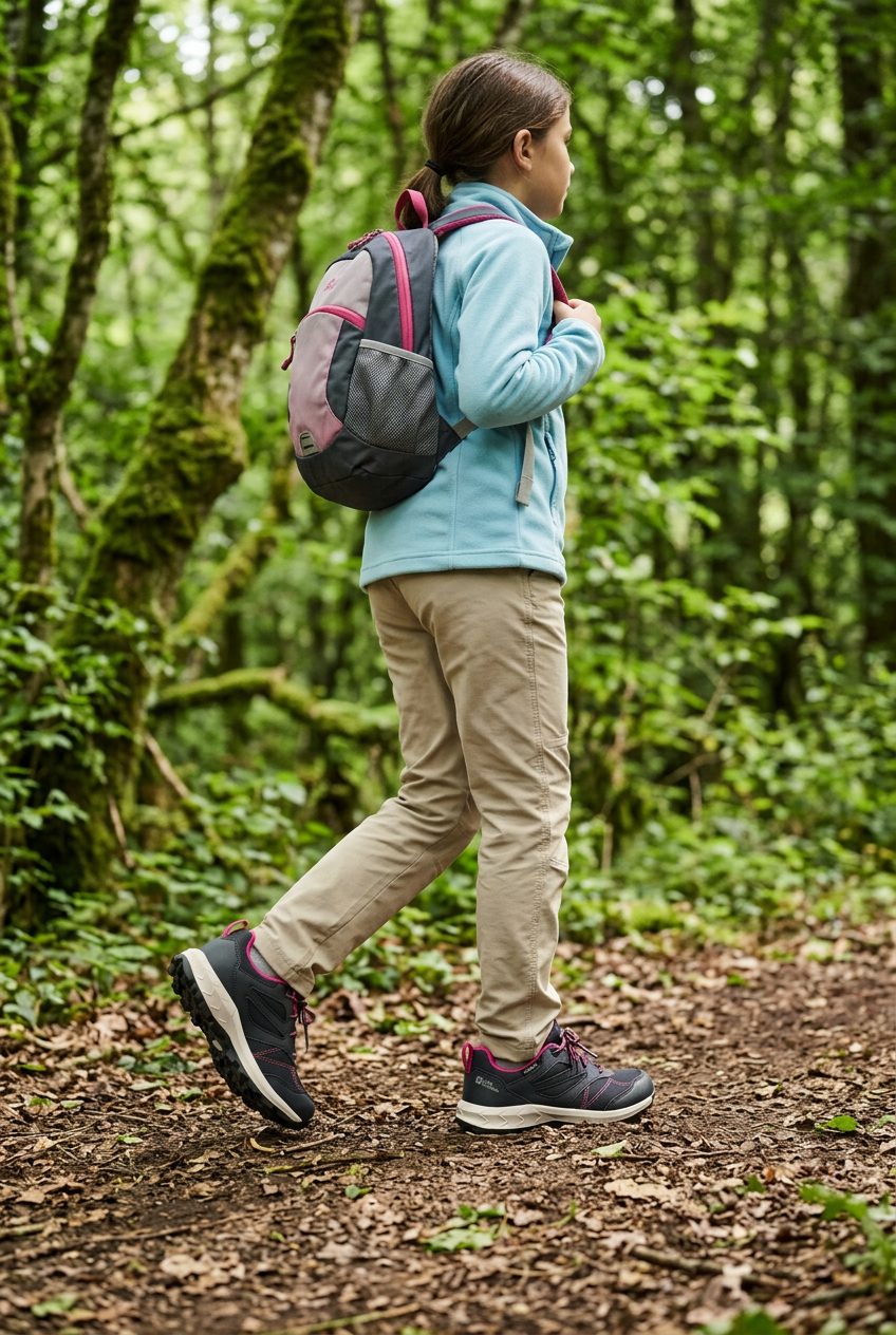 Fille de 8 à 12 ans en extérieur portant les Jack Wolfskin, visuel généré