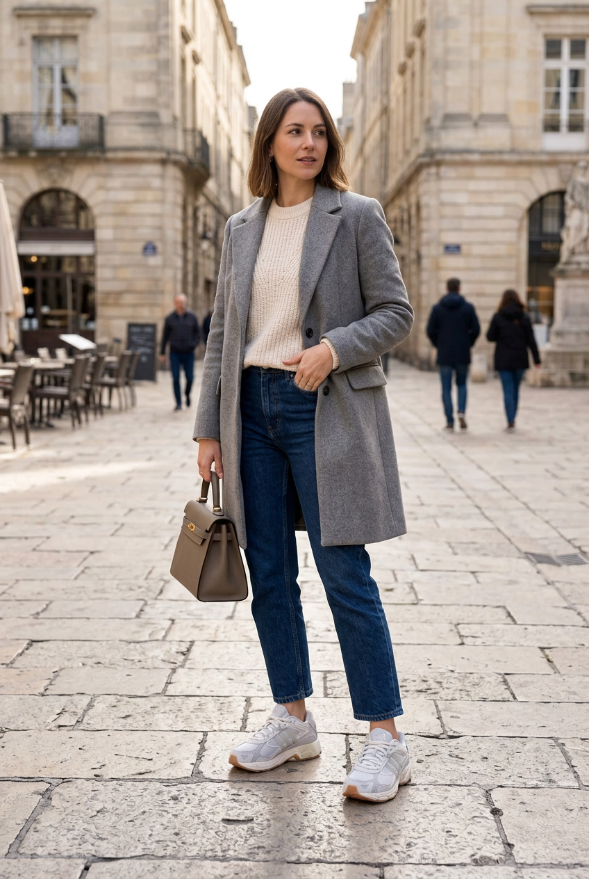 Femme en jean et manteau portant les Response CL W, illustration générée