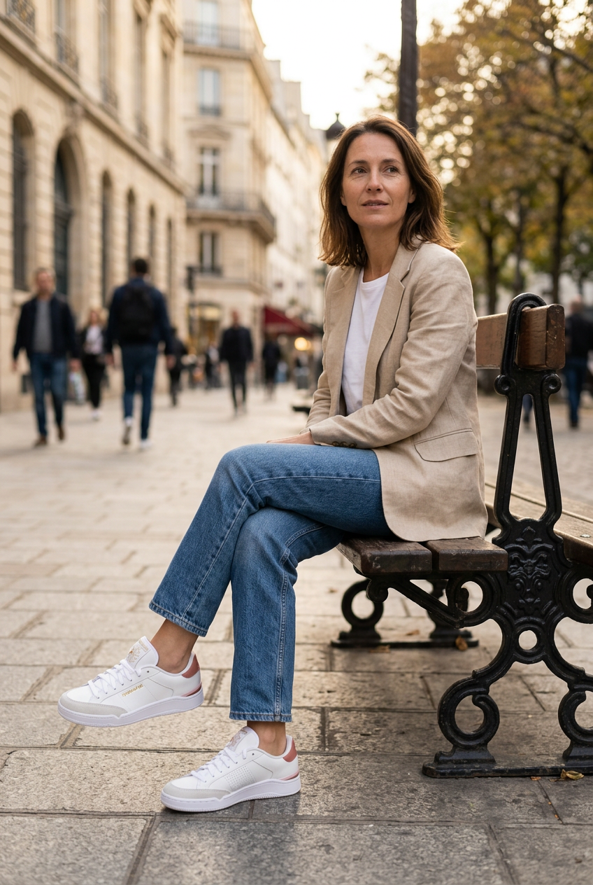 Illustration générée : femme assise portant les baskets Reebok