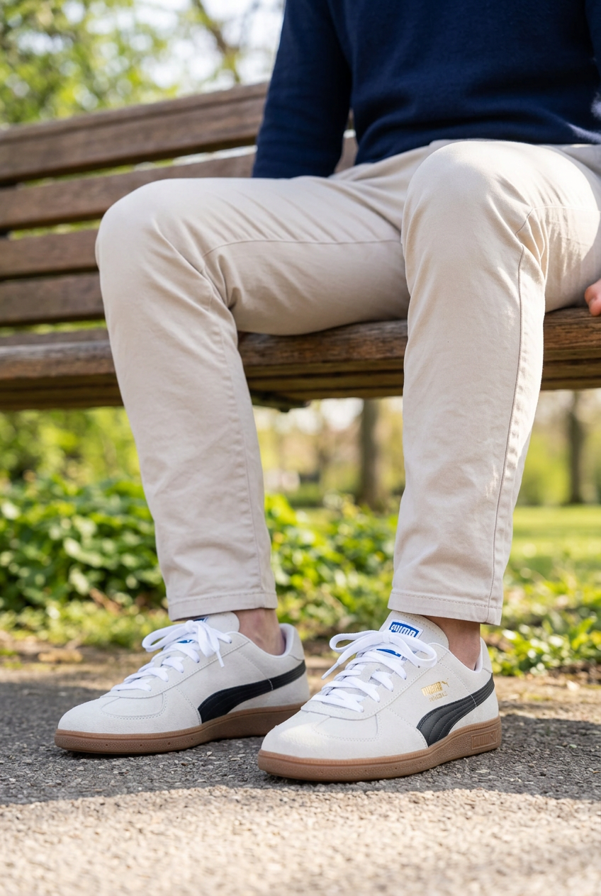 Homme adulte assis portant les Puma Handball, illustration générée