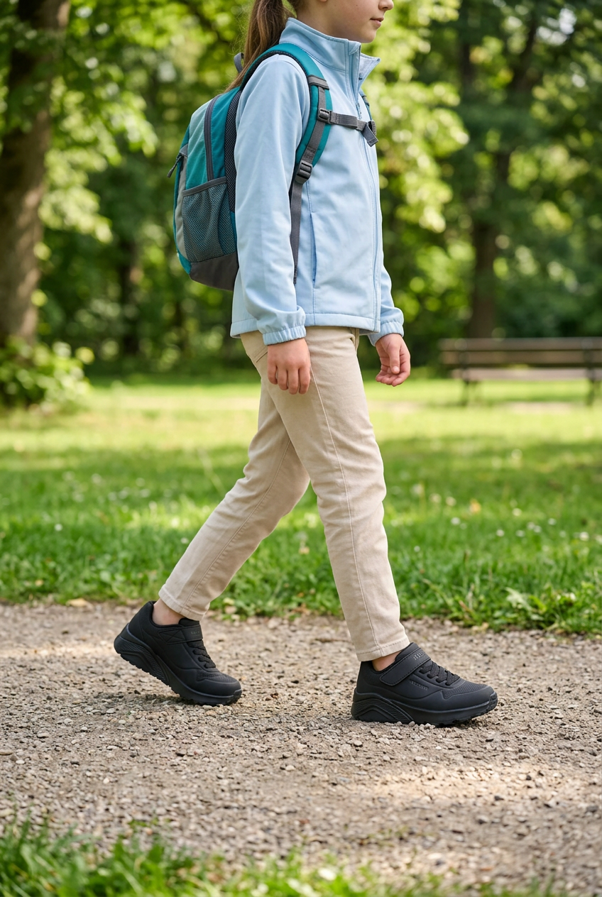 Fille de 8 à 12 ans en extérieur portant les Skechers noires, visuel généré