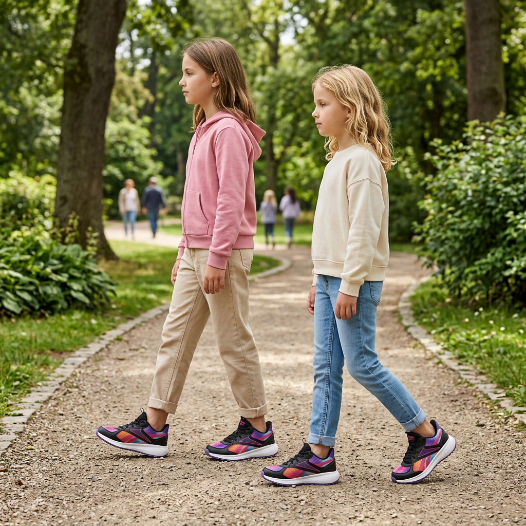 Illustration générée de deux filles de 10 et 12 ans portant les Reebok Road Supreme 4.0