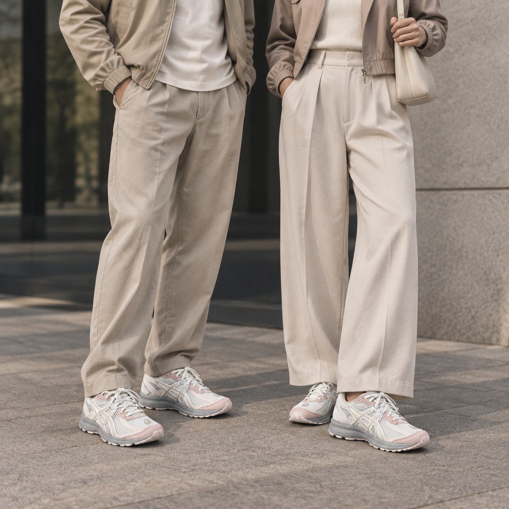 Asics Jog 100 S : photo du duo en tenue habillée
