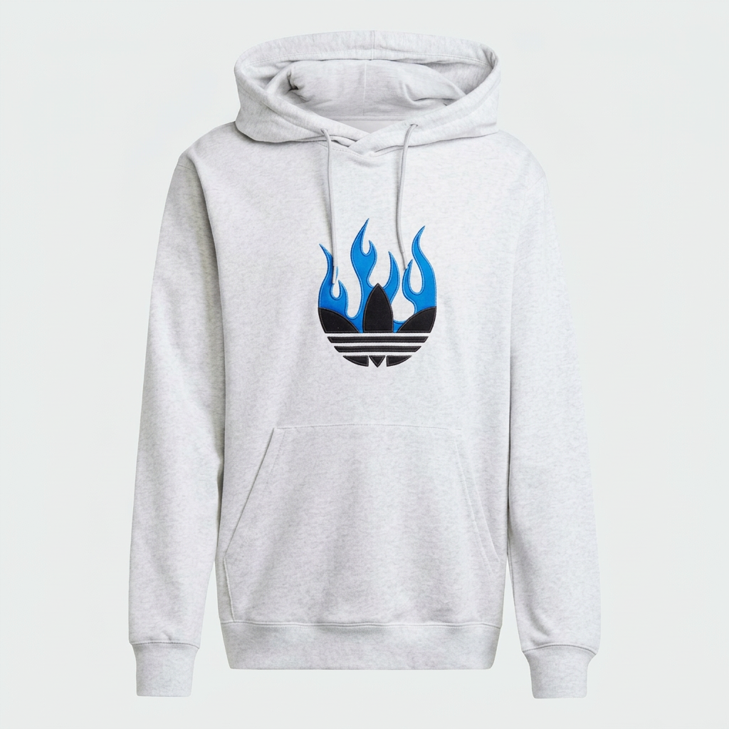 Sweat Adidas gris clair à motif flammes bleues, vue de face, visuel généré