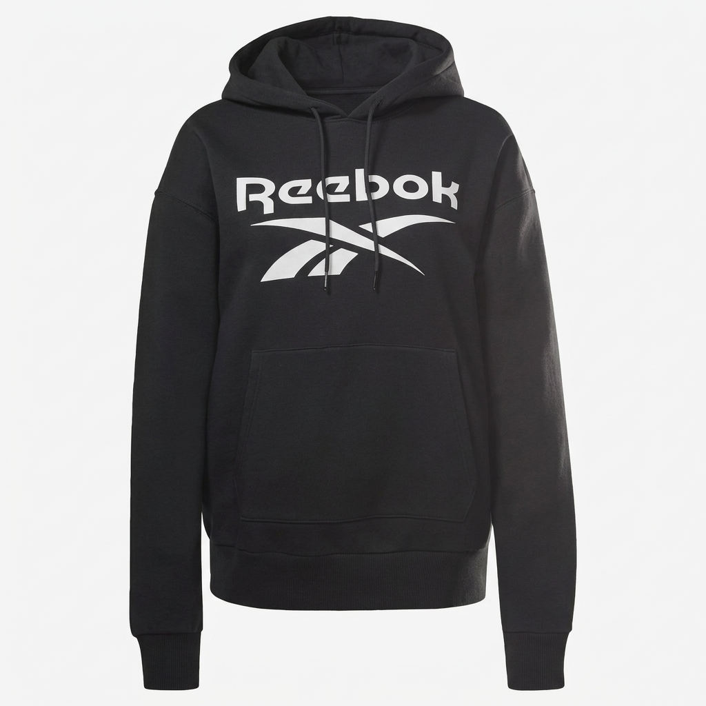 Sweat Reebok noir à logo blanc vue de face en studio, visuel généré