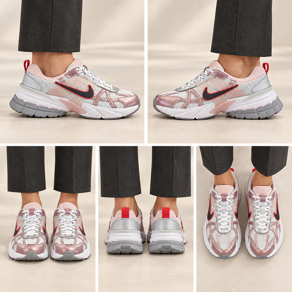 Montage généré des Nike V2K Run portées sous cinq angles