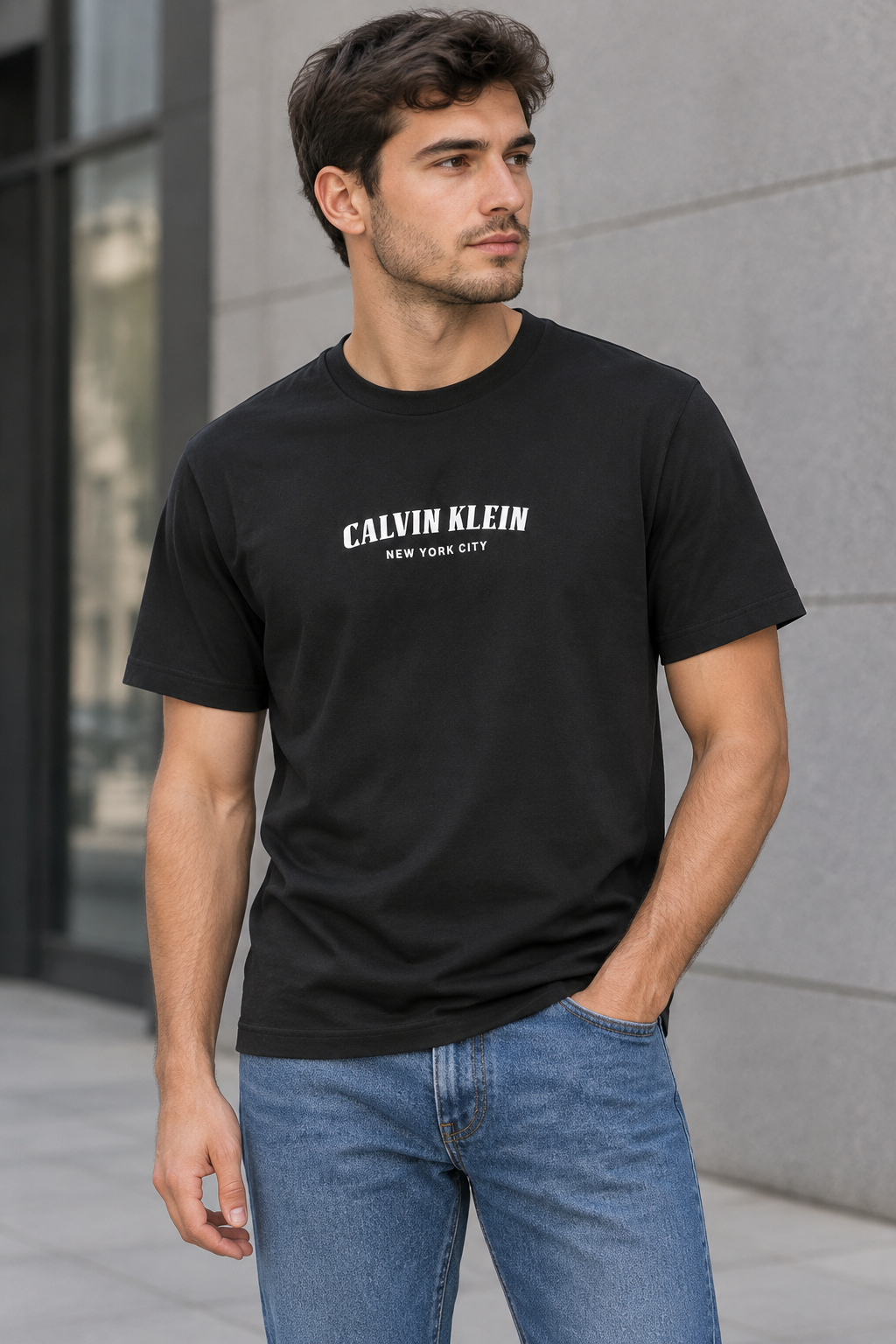 Homme portant le t-shirt Calvin Klein noir avec un jean