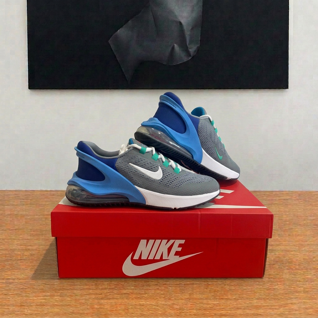 Nike Air Max 270 GO sur boîte rouge centrée sous tableau cadrage carré, photo retouchée