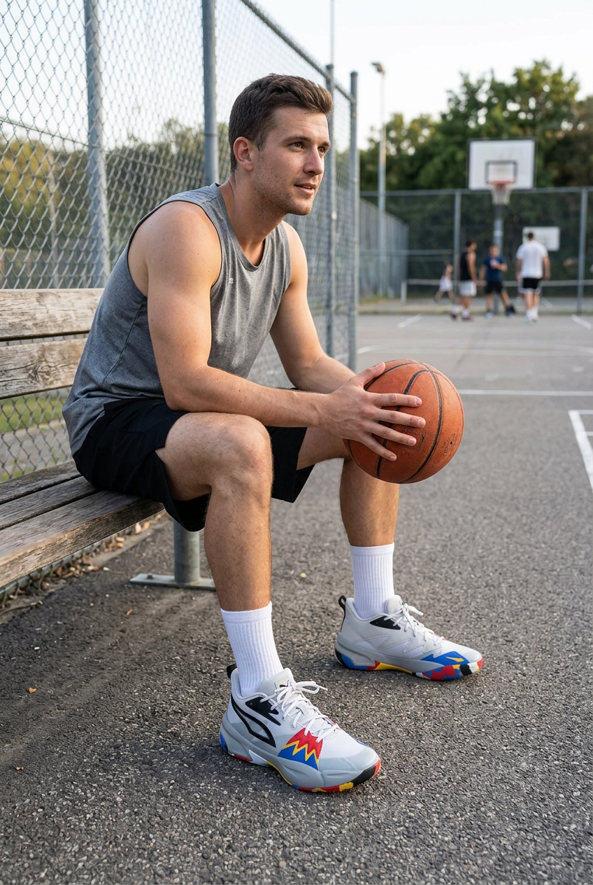 Basketteur adulte assis portant les Puma Genetics, illustration générée