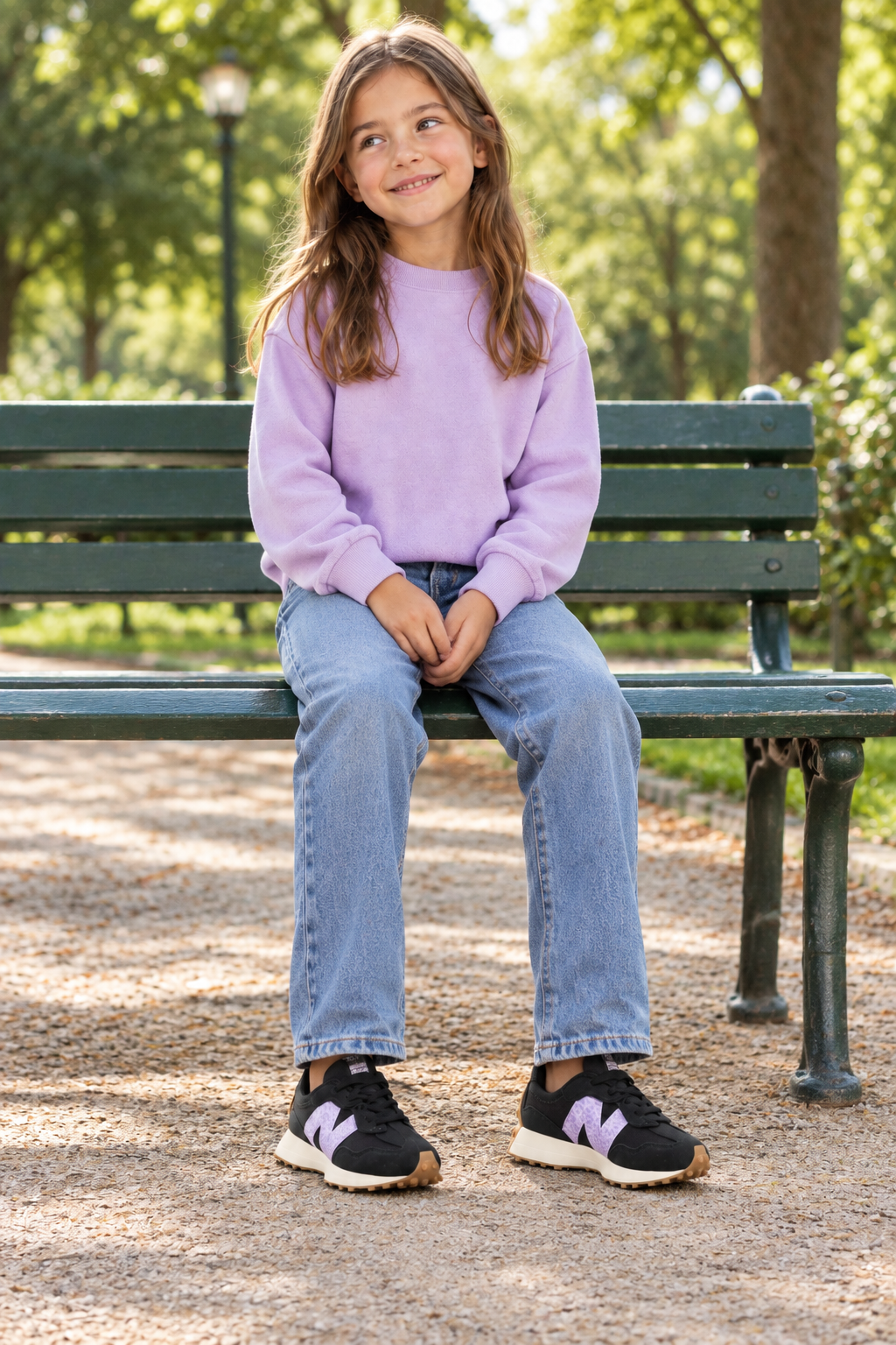 Fille assise sur un banc portant les New Balance NW327WG noires et lilas, les deux pieds au sol