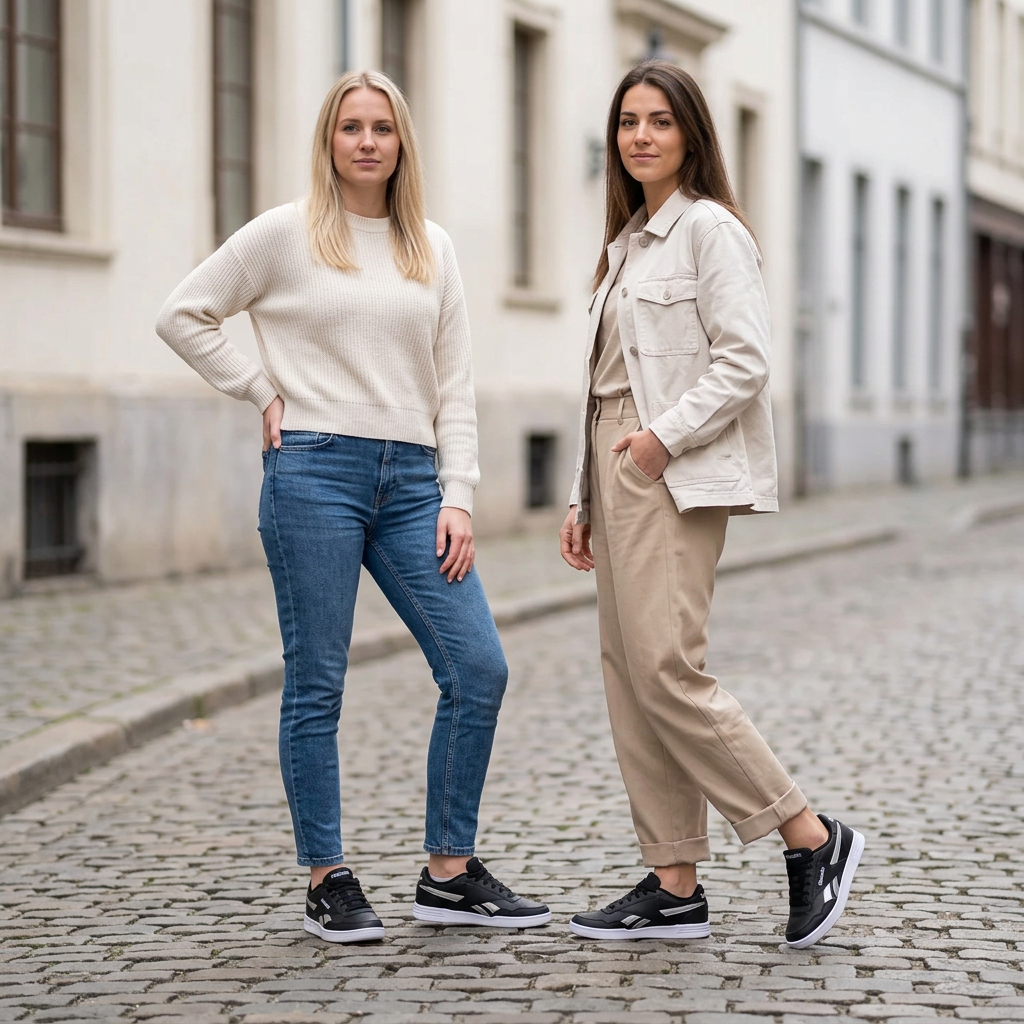 Illustration générée d’une blonde et d’une brune dans des poses différentes portant les Reebok Court Advance