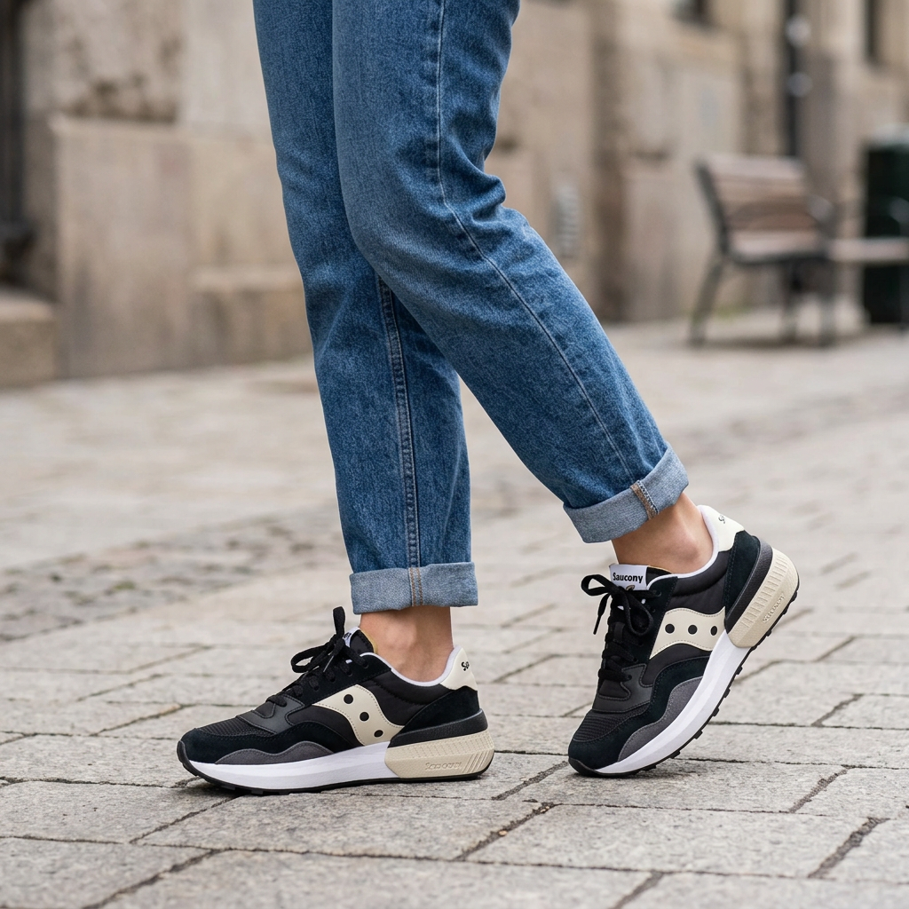 Illustration générée des Saucony Jazz NXT noires portées avec un jean