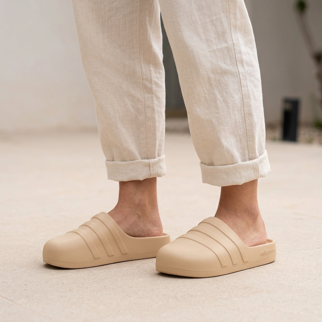 Illustration générée des Adidas Adifom Adilette portées avec un pantalon clair