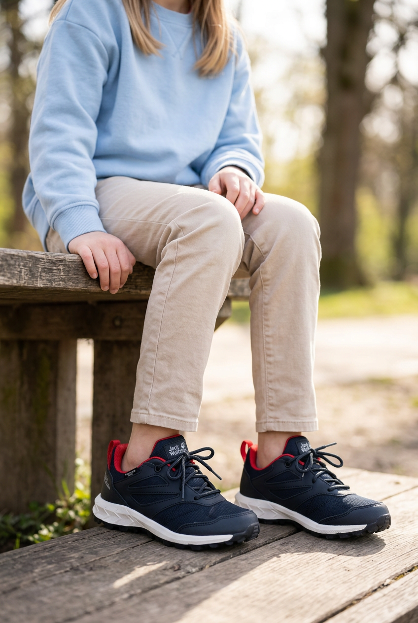Fille de 8 à 12 ans assise portant les Jack Wolfskin bleu foncé et rouges, visuel généré