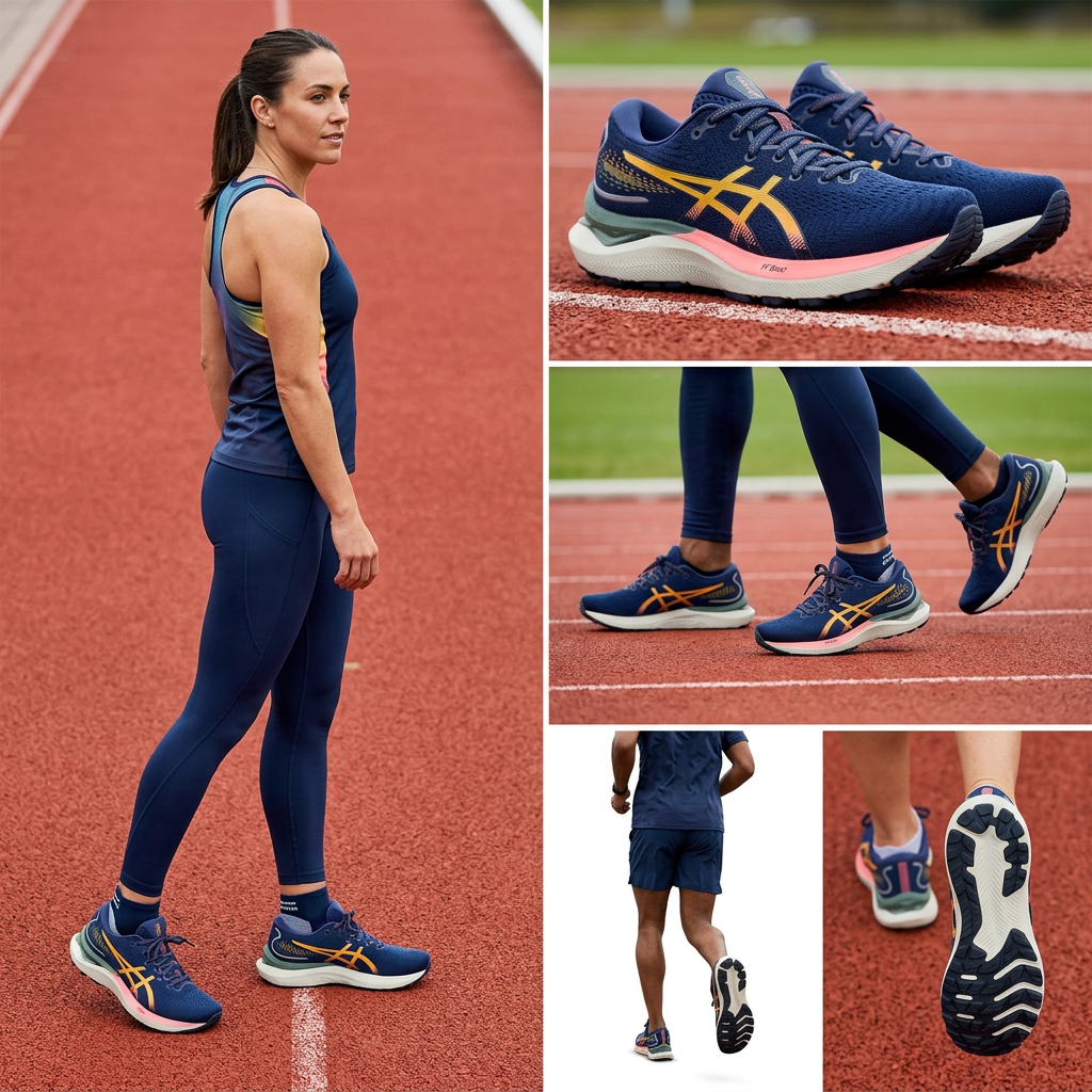 ASICS montage cinq angles sportifs femme et homme, illustration générée