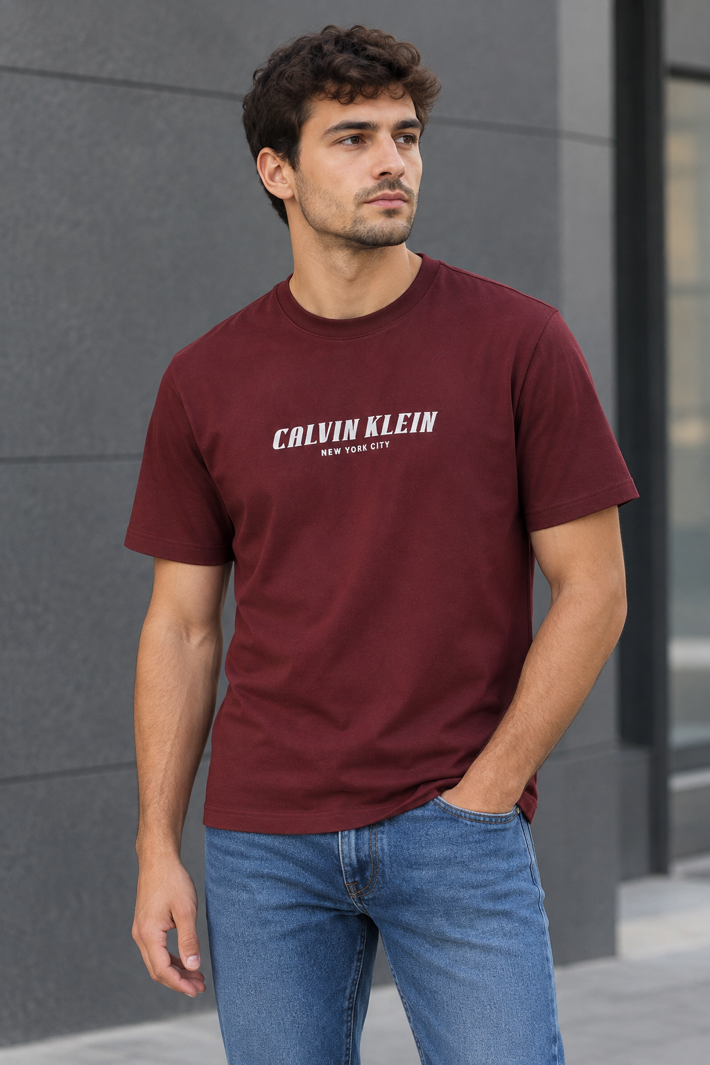 Homme portant le t-shirt Calvin Klein bordeaux avec un jean