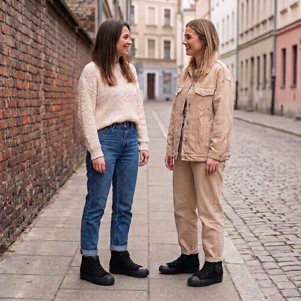 Illustration générée de deux femmes portant les Big Star Black Sheep, dernière version avec chaussures encore réduites et ourlets relevés