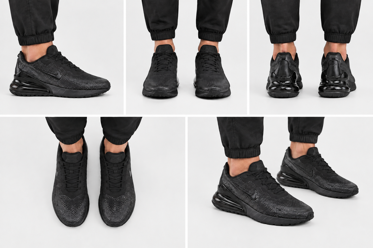Montage généré des Nike Air Max Phénix noires portées sous cinq angles, proportions naturelles