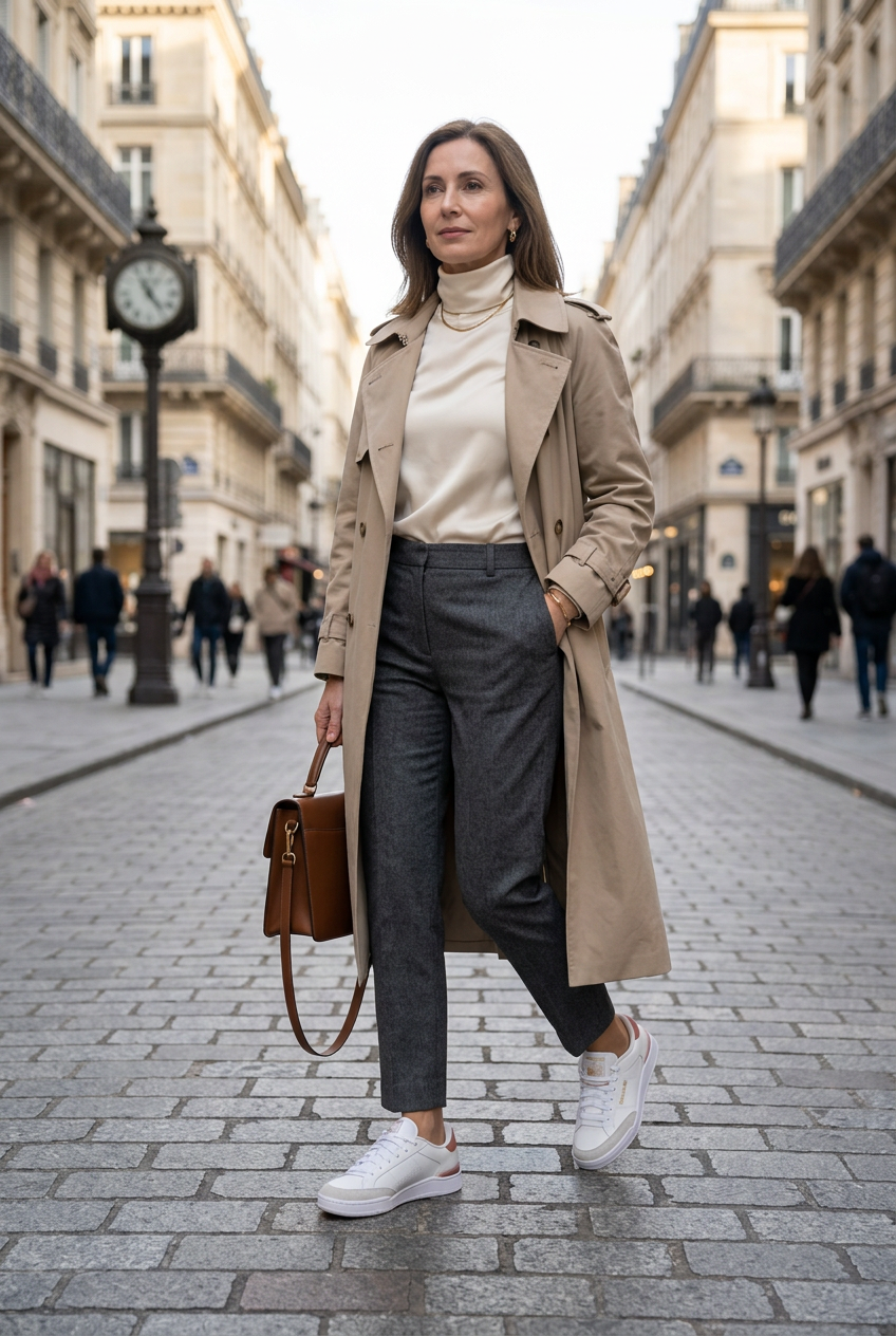 Illustration générée : femme en trench portant les baskets Reebok
