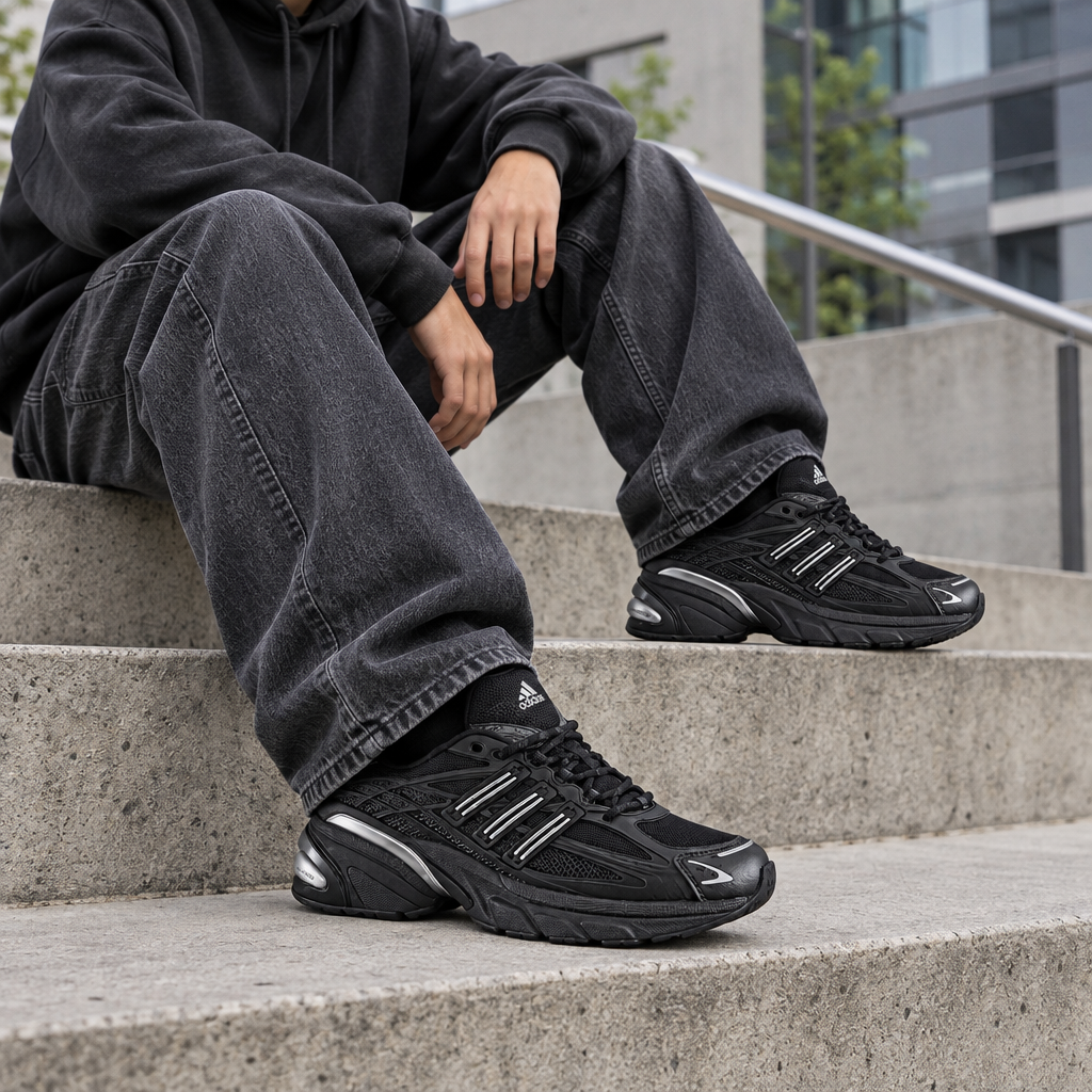 Adidas Adistar : photo assise sur escaliers, cible homme 15-25 ans