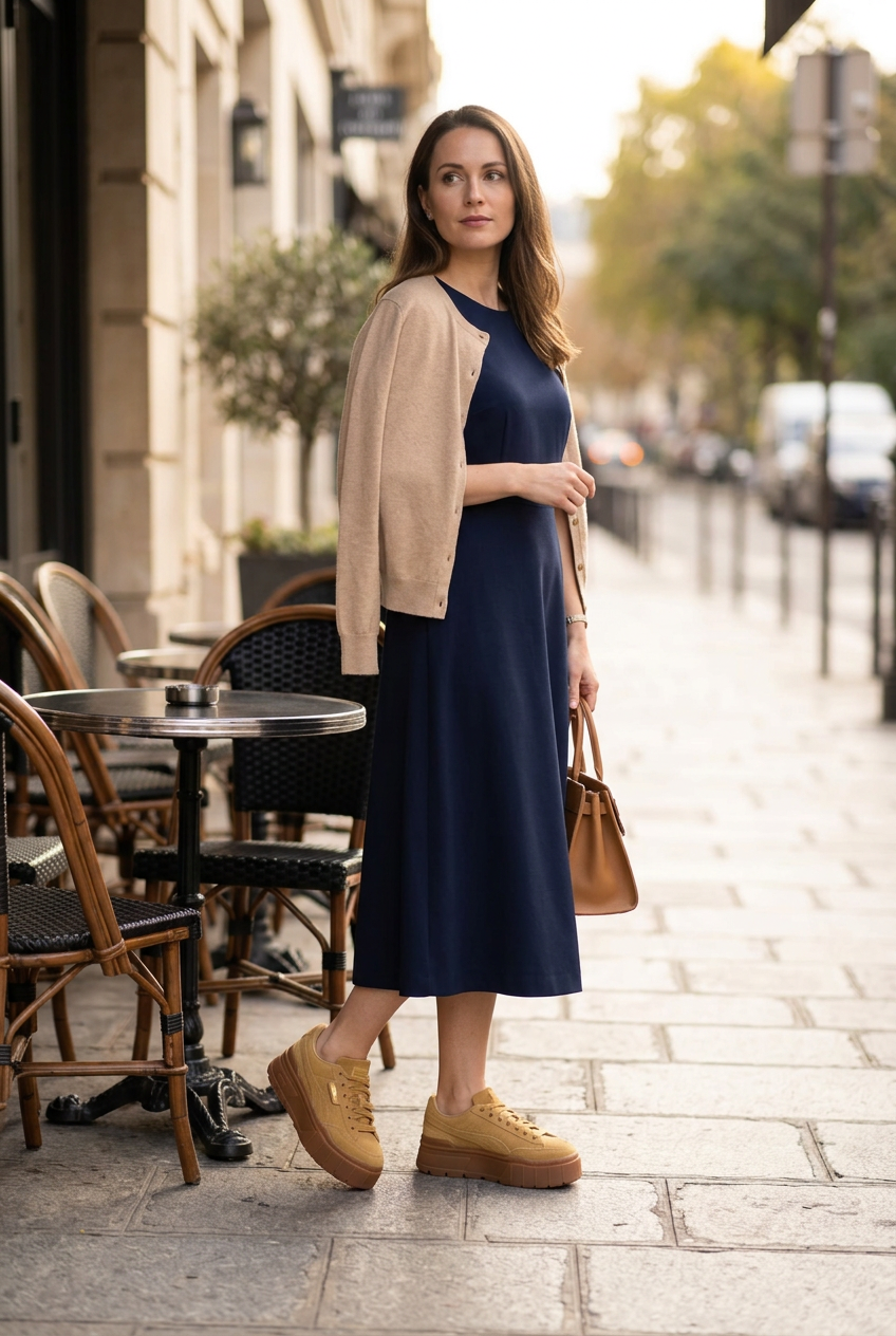 Femme en robe midi portant les Puma Mayze, illustration générée