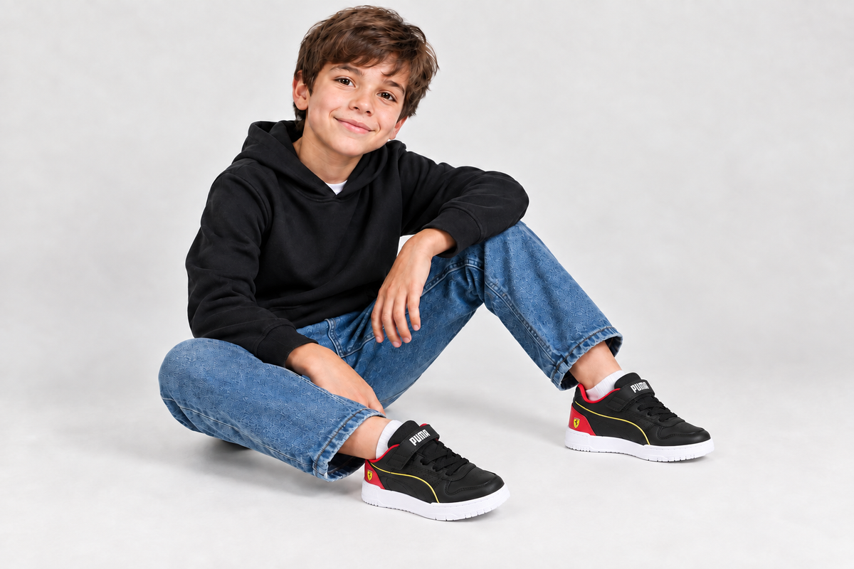 Visuel généré d’un garçon de 8 à 10 ans portant les Puma Game Low Ferrari, PUMA inscrit sur le scratch au-dessus de la languette
