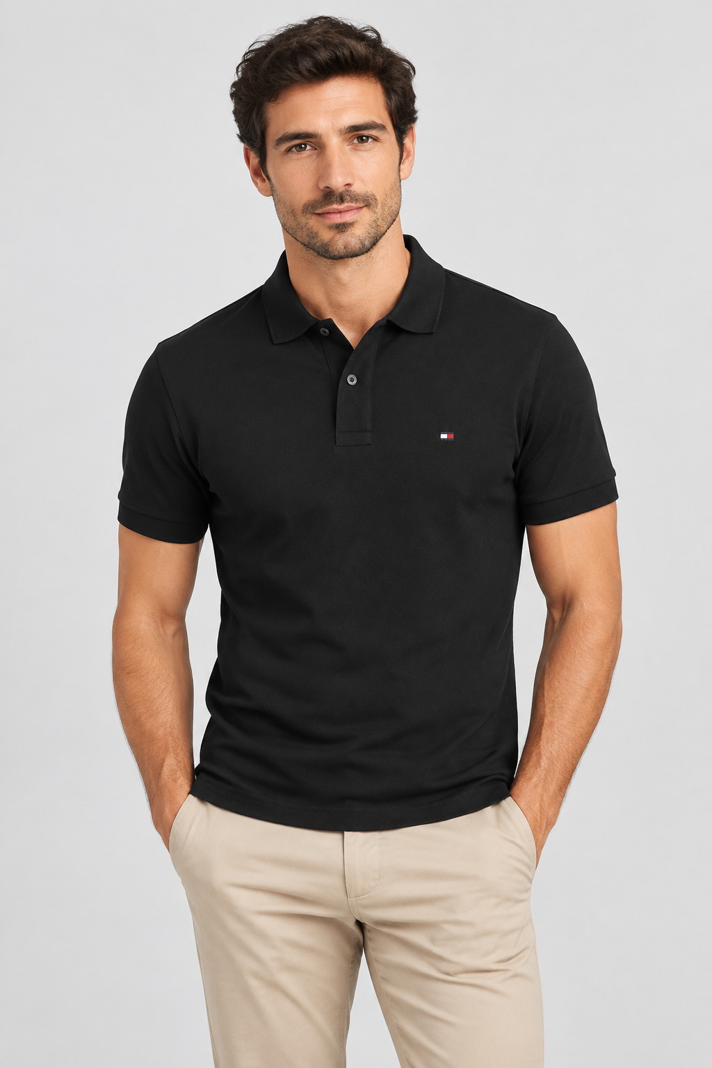 Homme portant le polo Tommy Hilfiger noir avec un chino beige