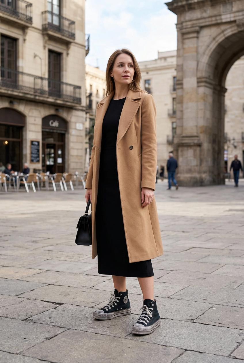 Femme en robe midi et manteau portant les Converse, illustration générée
