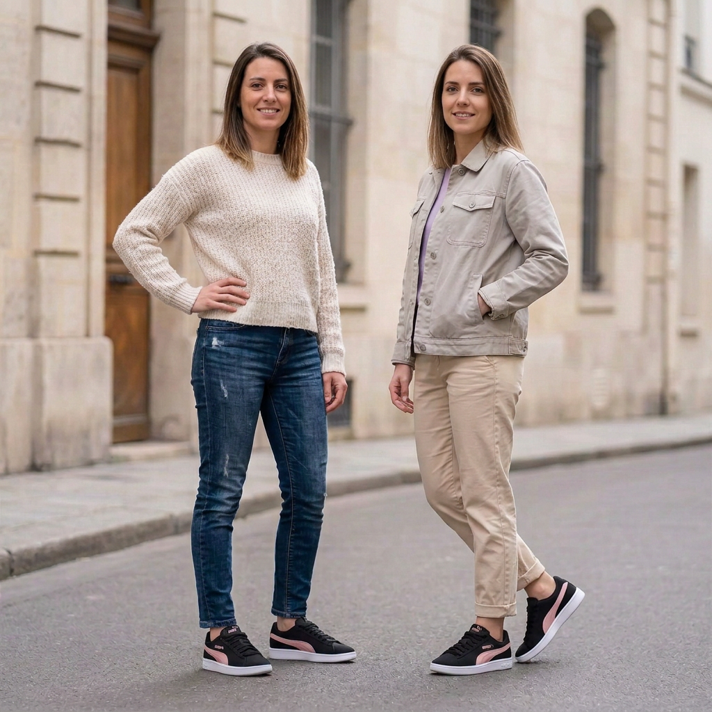 Illustration générée d’une blonde et d’une brune dans des poses différentes portant les Puma Smash v2 Buck noir et rose
