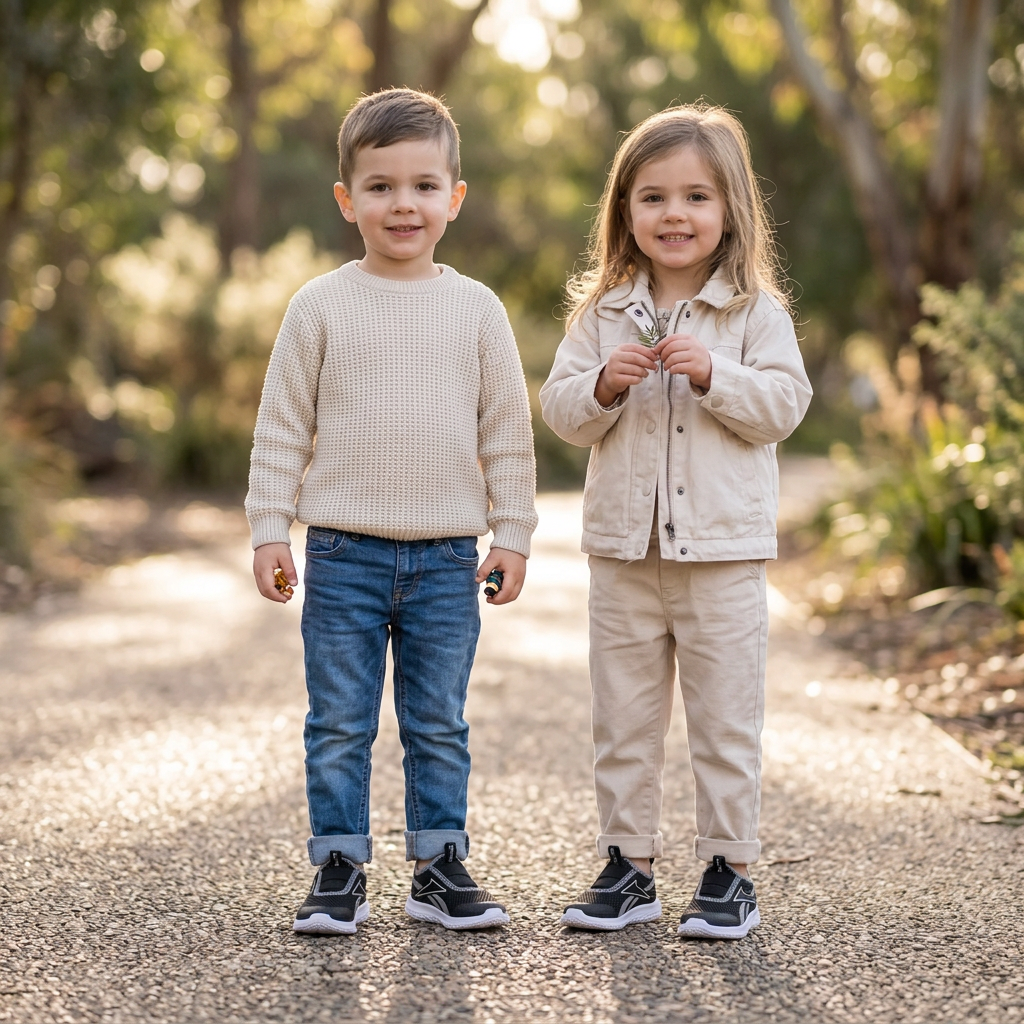 Illustration générée d’un garçon et d’une fille de 3 à 5 ans portant les Reebok Rush Runner