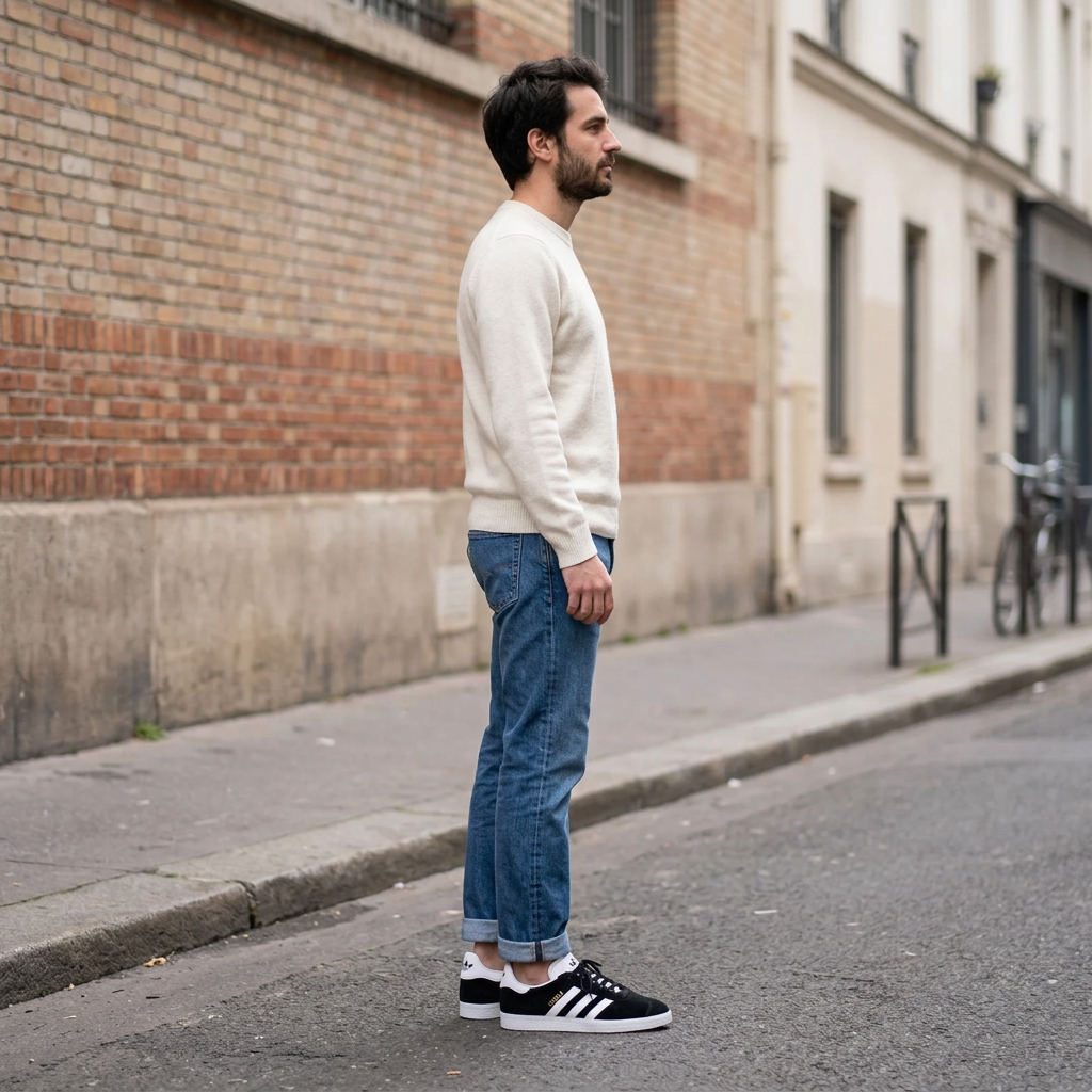 Illustration générée d’un homme adulte de profil portant les Adidas Gazelle