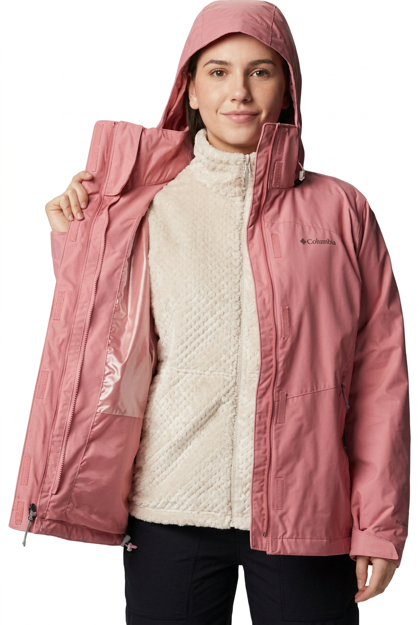 Blouson Columbia rose agave ouvert, intérieur écru, visuel retouché