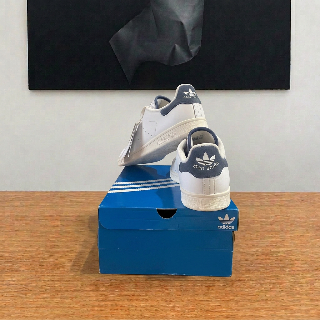 Adidas Stan Smith vue arrière boîte centrée sous tableau, image retouchée