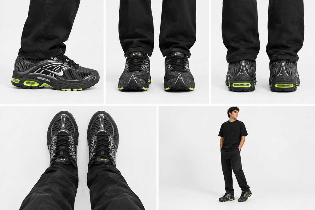 Montage généré des Nike Air Max Moto 2K portées par un homme de 16 à 30 ans sous cinq angles