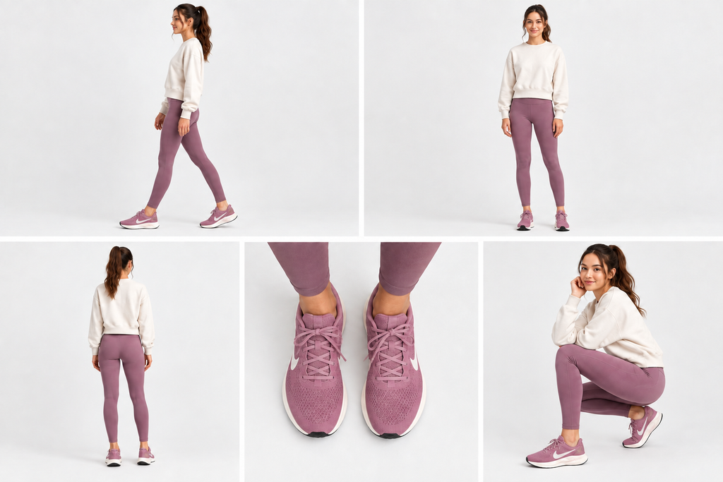 Montage généré des Nike Revolution 7 portées par une femme de 15 à 30 ans, chaussures aux proportions naturelles