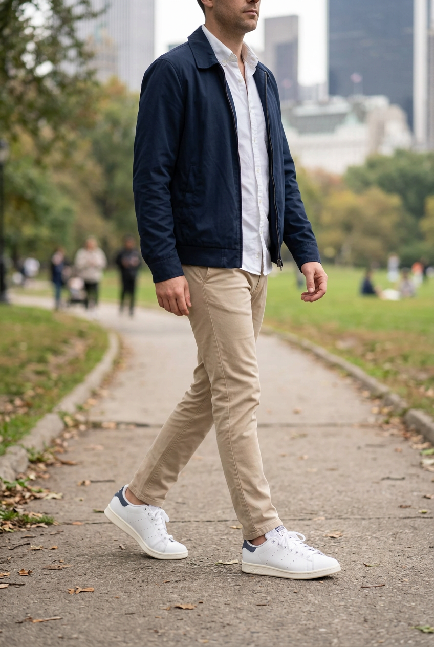 Homme adulte portant les Adidas Stan Smith en extérieur, illustration générée